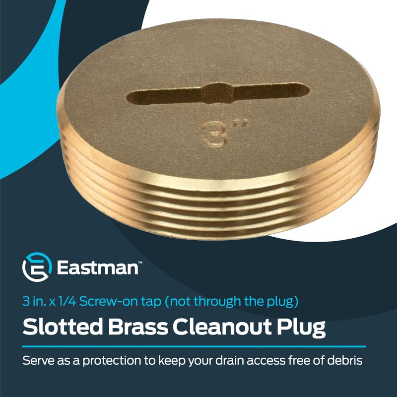 Eastman 3 Inch Slotted Brass Cleanout Plug, Machine-Threaded with 1/4 in Screw-On Tap, Drain Access Fitting, 42002 - Image 2